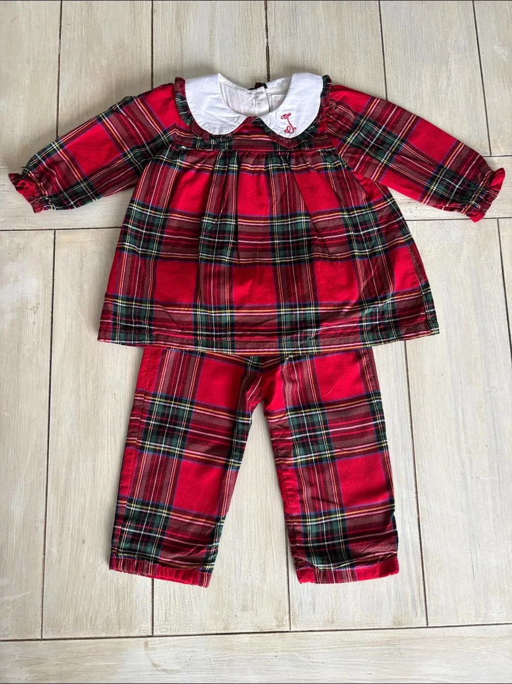 Cecil & Lou Red Holiday Plaid Collared Top & Pants Monogram